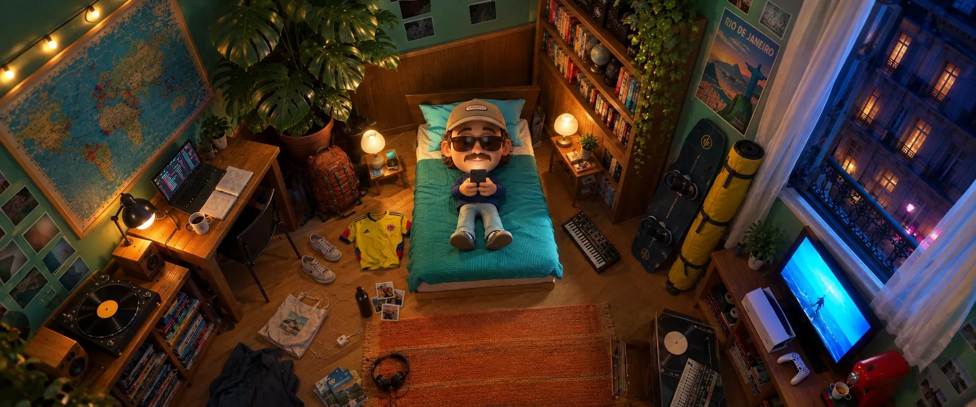 Vue du plafond de la chambre de Brieu, version figurine, allongé sur son lit avec son téléphone. Autour : une carte du monde, un bureau avec un ordinateur, une platine vinyle, une planche de kitesurf, une télé avec une PS5, une machine à café et une fenêtre ouverte sur Paris la nuit.